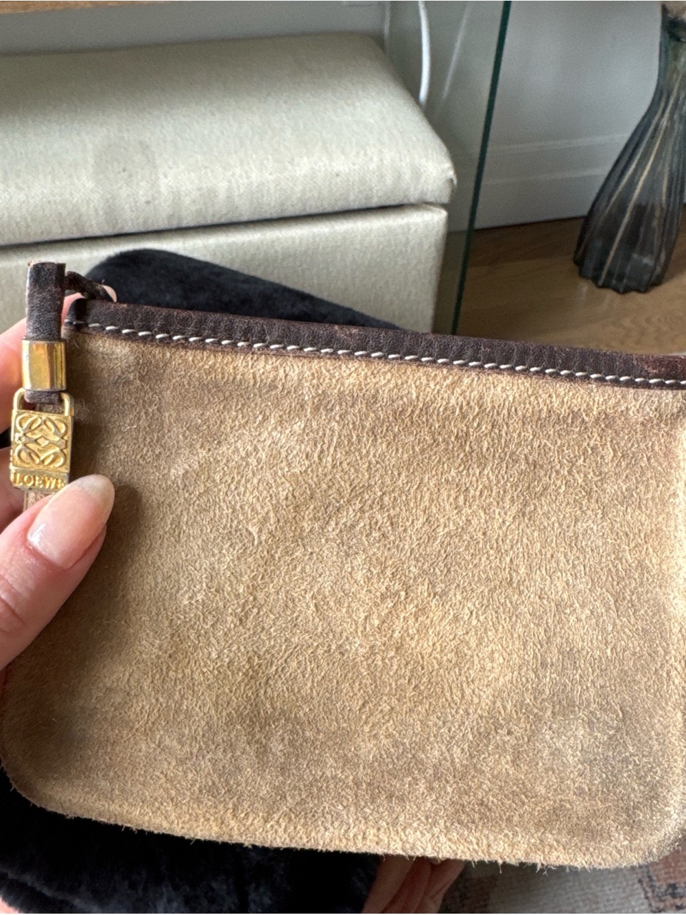 Loewe Tan Suede Pouch with Brown Leather Trim